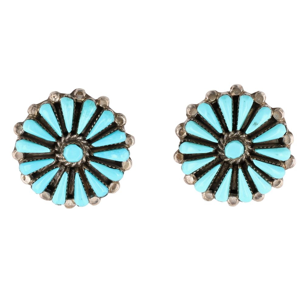 Lot 188: Signed Zuni Sterling Turquoise Petit Point Earrings