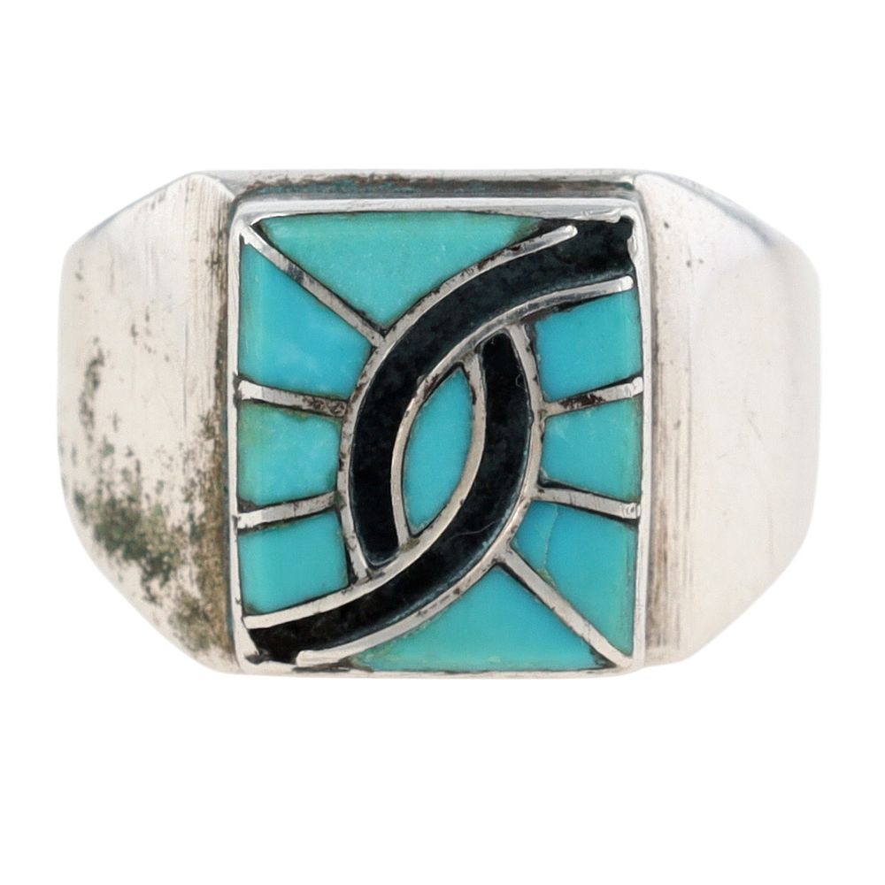 Lot 190: Elaine Bobelu Zuni Sterling Turquoise Inlay Ring Sz 7.5