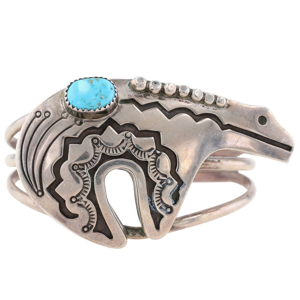Lot 192: Award Winner Jerry Roan Navajo Sterling Turquoise Stamped Bear Cuff Bracelet