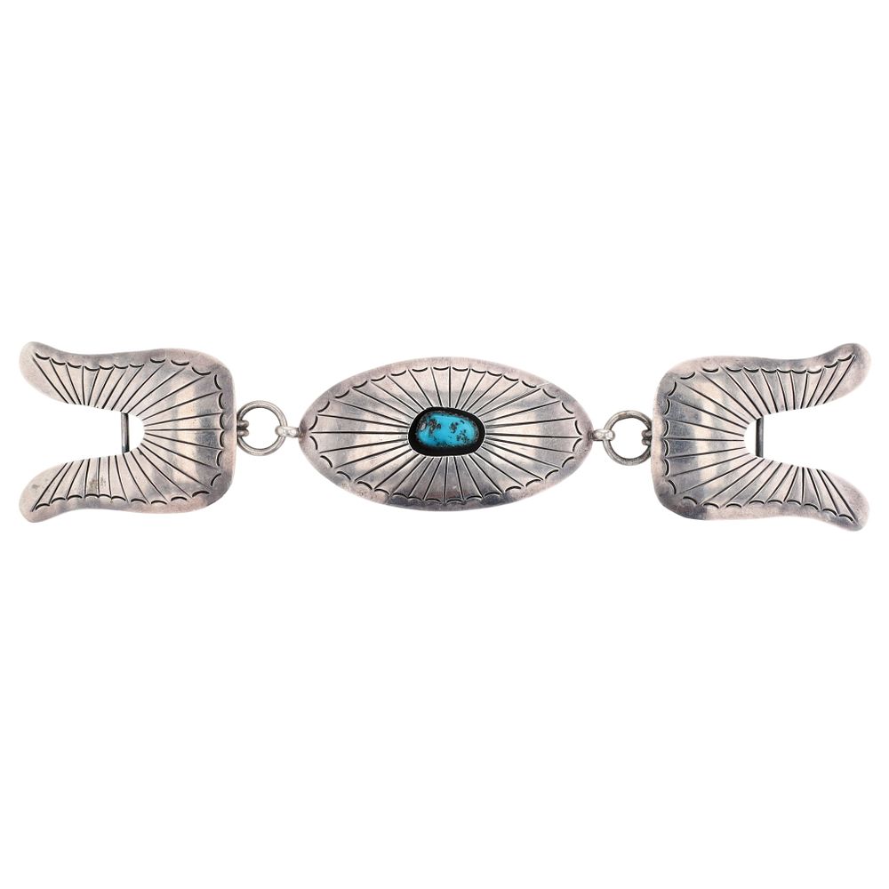 Lot 193: Signed Navajo Sterling Turquoise Shadow Box 3pc Belt Buckle