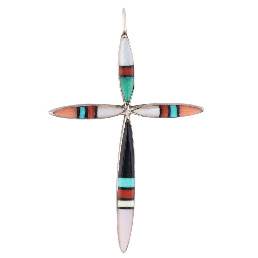 Lot 195: Lynette Bowannie Zuni Sterling Multi-Stone Inlay Cross Pendant