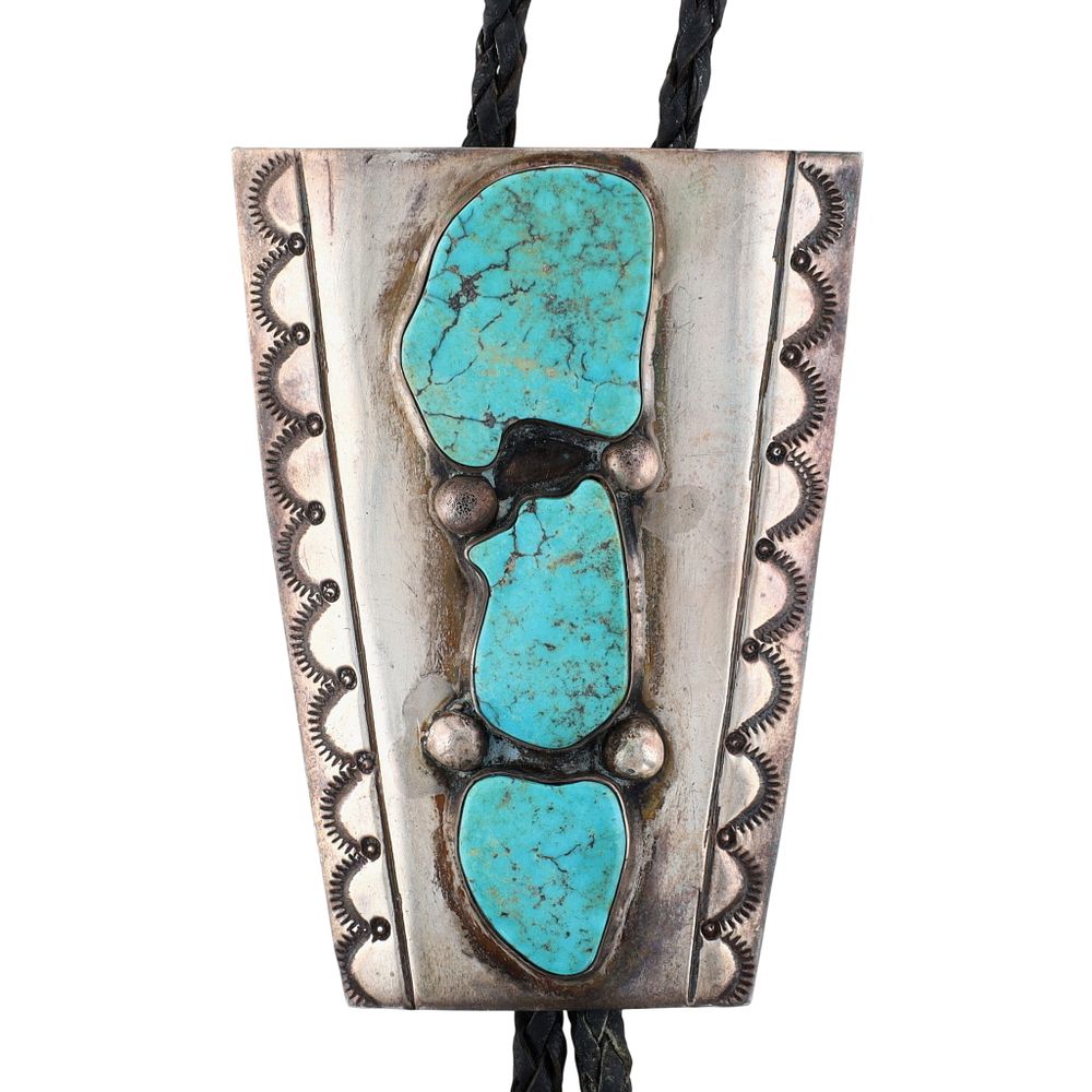 Lot 196: Vintage Navajo Sterling Stamped Turquoise Bolo Tie