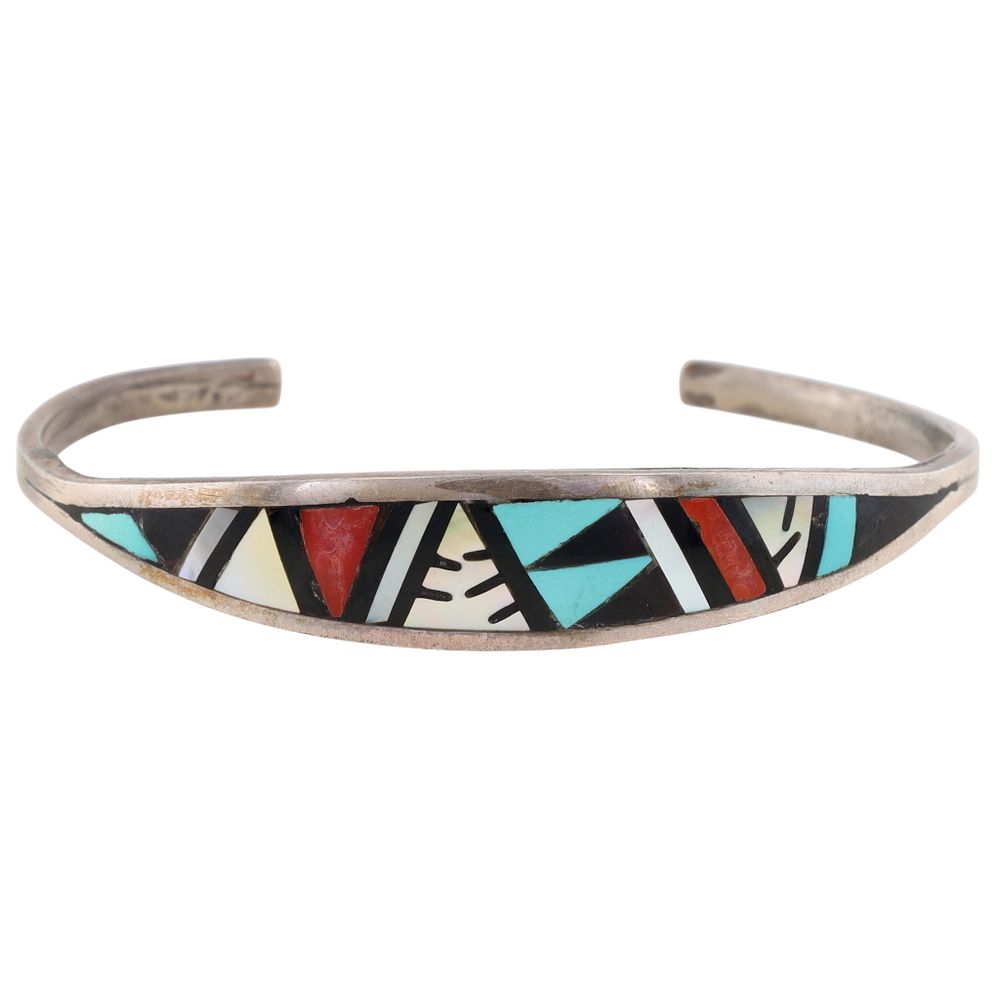 Lot 197: Signed Zuni Sterling Multi-Stone Inlay Cuff Bracelet