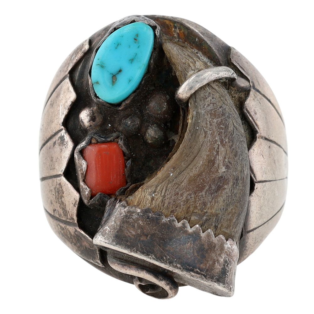 Lot 204: Signed Navajo Sterling Turquoise Coral Claw Ring Sz 10.5