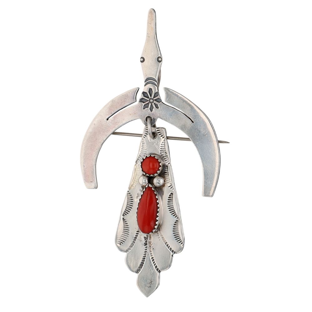 Lot 205: Navajo Sterling Coral Stamped Waterbird Dangle Pendant/Brooch