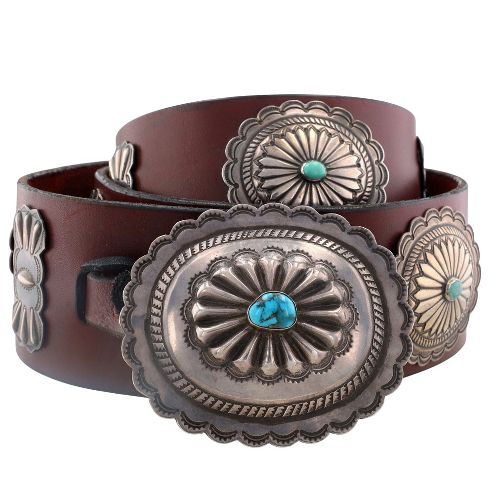 Lot 206: Navajo Sterling Turquoise Concho Dark Star Leather Belt