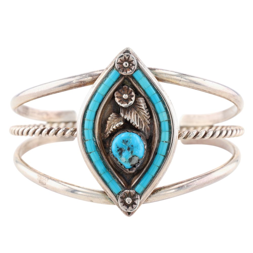 Lot 207: Vintage Signed Navajo Sterling Turquoise Cuff Bracelet