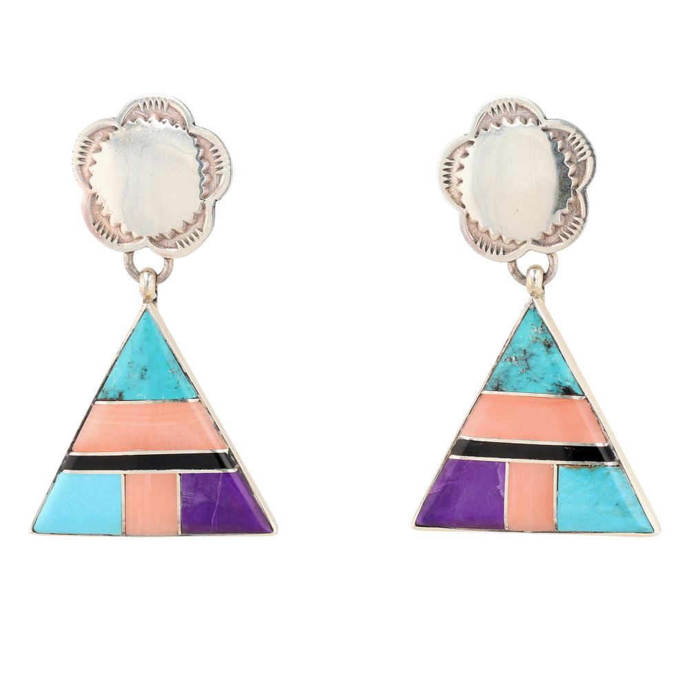Lot 208: Signed Navajo Sterling Multi-Stone Inlay Dangle Earrings