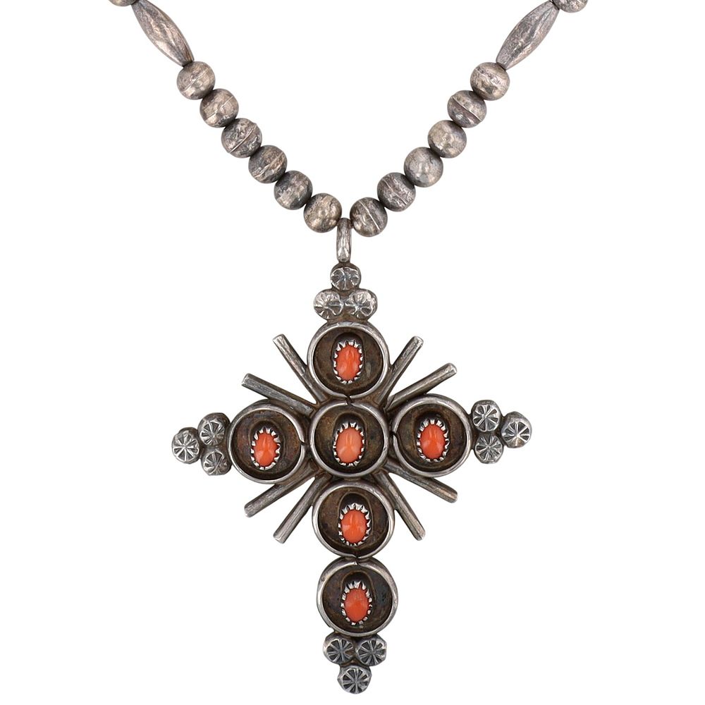 Lot 210: Vintage Zuni Sterling Reversible Turquoise Coral Cross Necklace