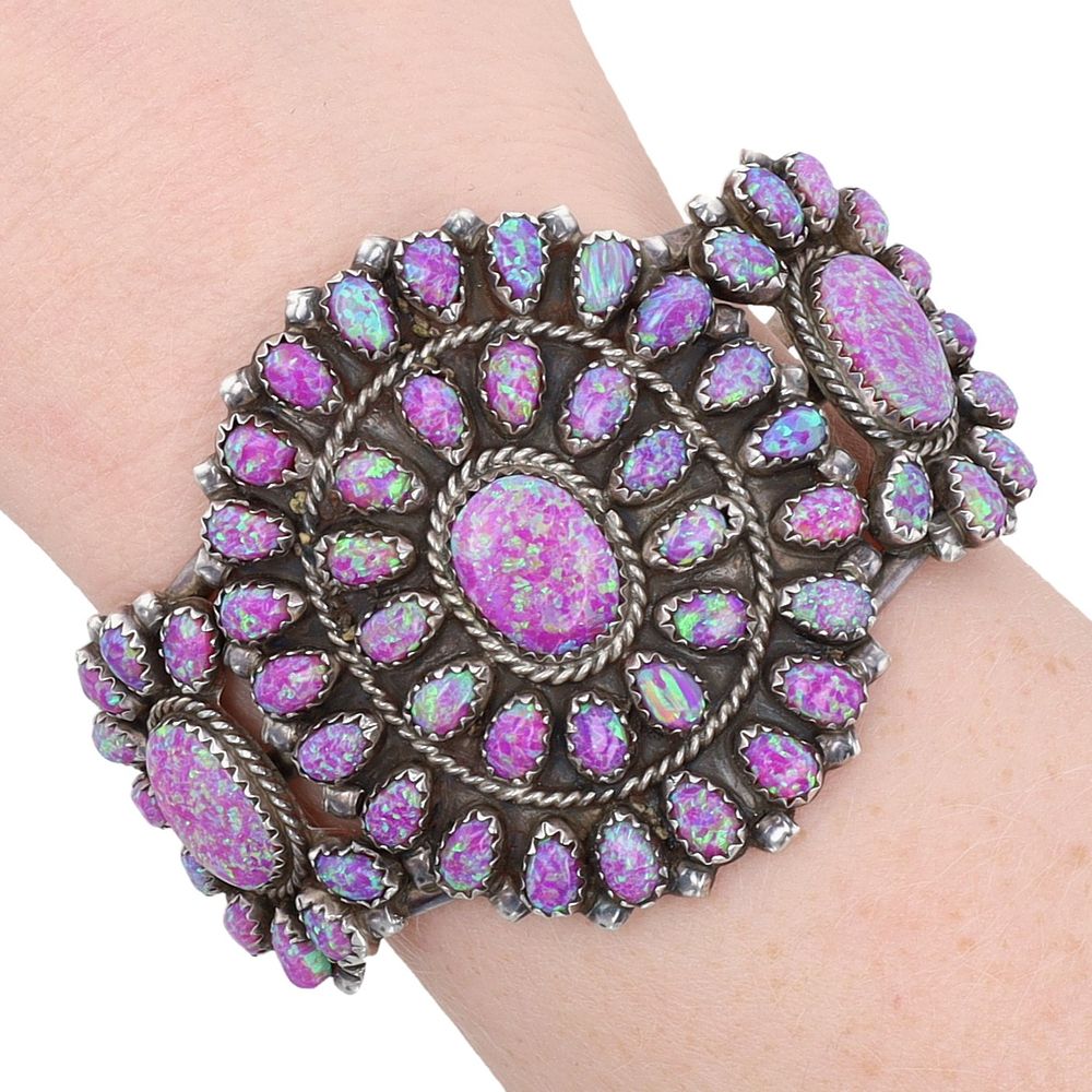 Lot 212: Durena Wauneka Zuni Sterling Opal Cluster Cuff Bracelet