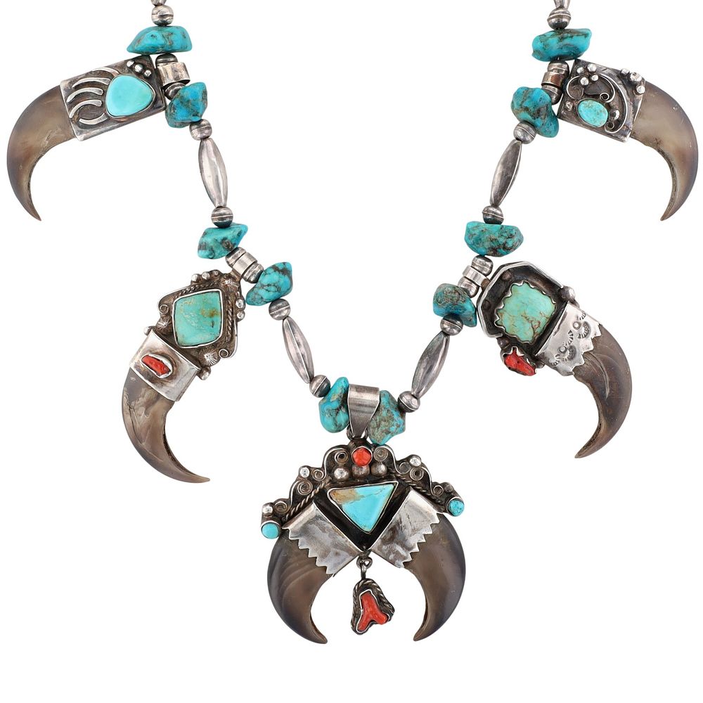 Lot 221: Vintage Navajo Sterling Turquoise Coral Claw Necklace