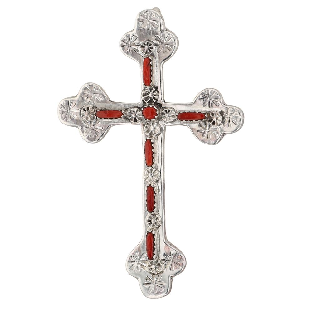 Lot 225: Murray Hannaweeka Zuni Sterling Coral Cross Pendant