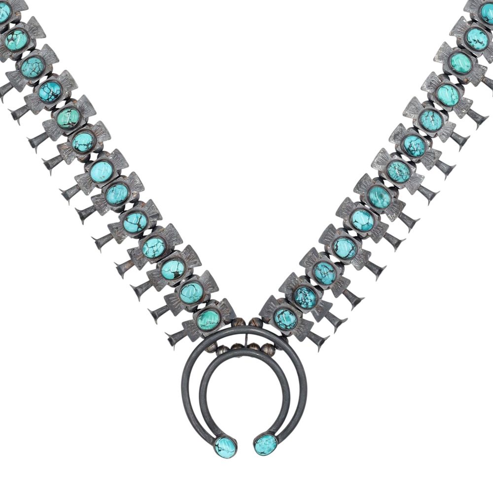Lot 231: Lenora Garcia Navajo Sterling Turquoise Box Bow Squash Blossom Necklace