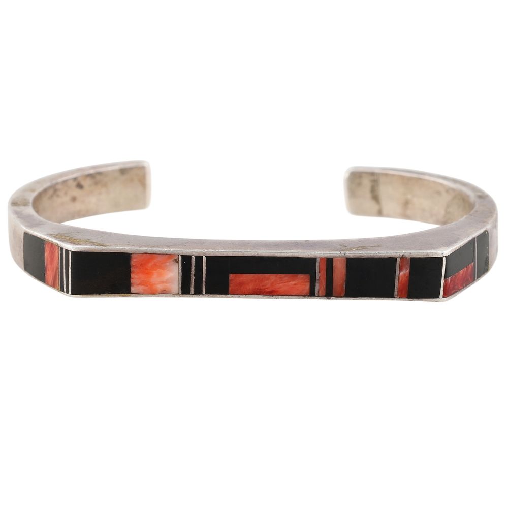 Lot 232: Signed Navajo Sterling Multi-Stone Inlay Cuff Bracelet