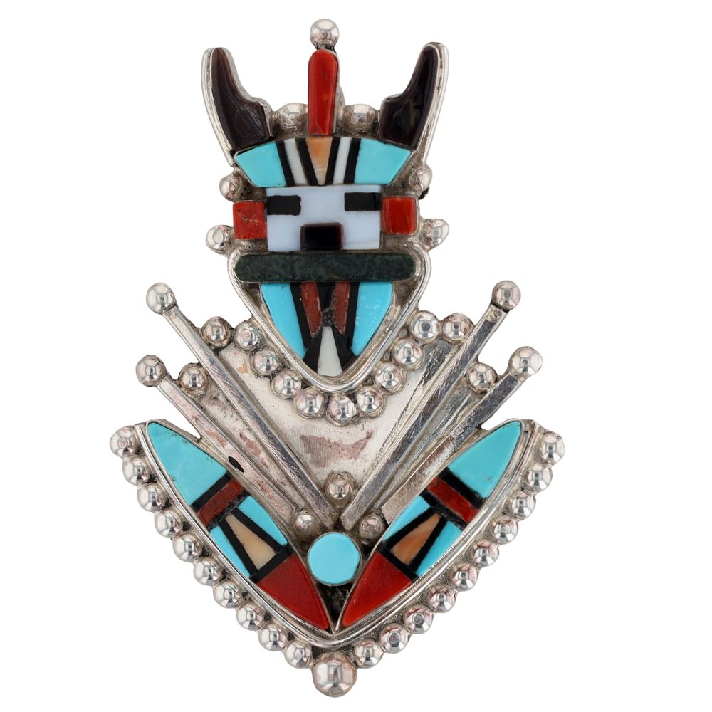 Lot 235: Sybil Cachini Zuni Sterling Multi-Stone Inlay Antelope Kachina Pendant/Brooch