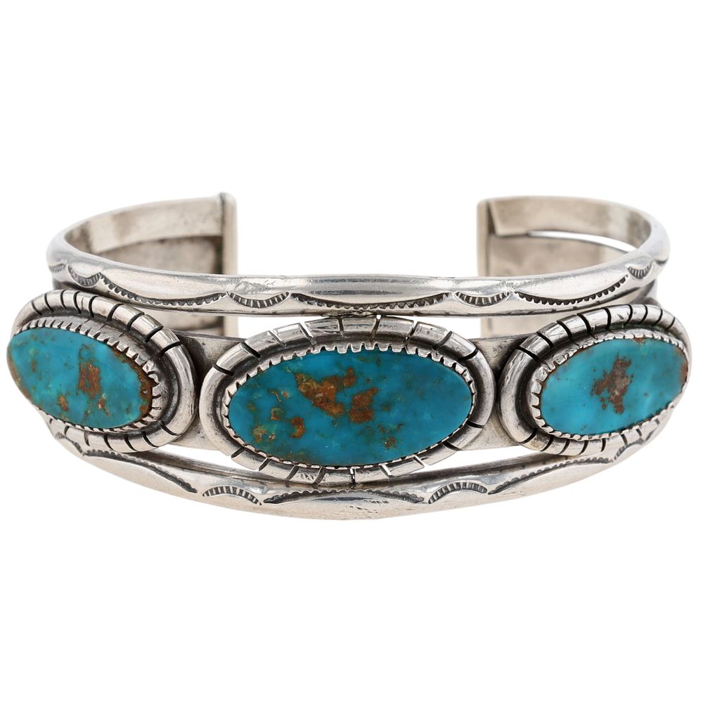 Lot 237: Vintage Navajo Sterling Turquoise Stamped Cuff Bracelet