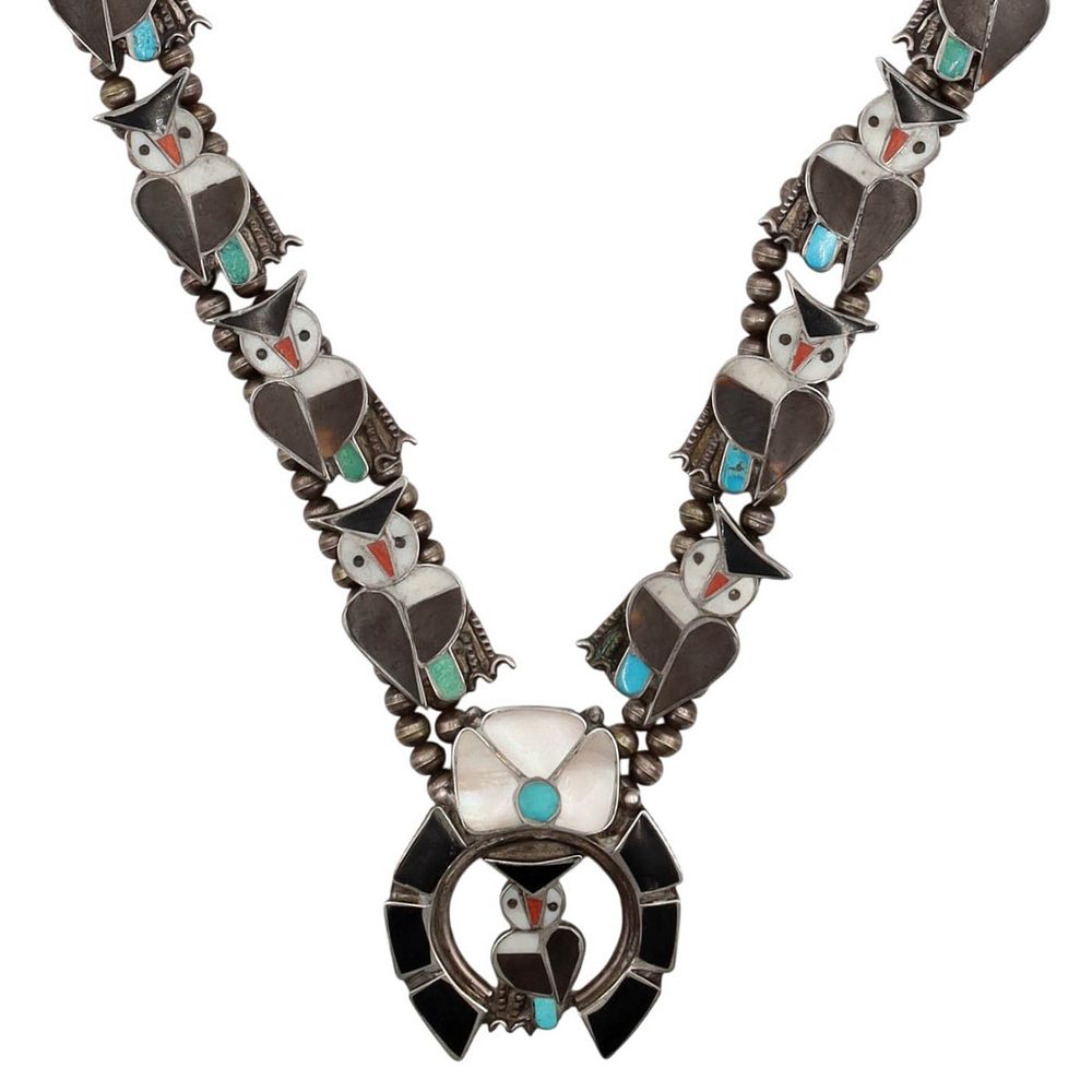 Lot 241: Signed Zuni Sterling Multi-Stone Inlay Owl Necklace
