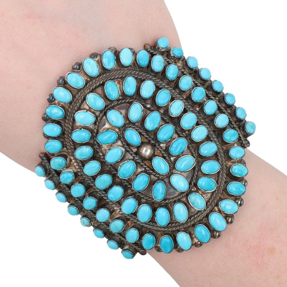 Lot 242: Davin Benally Navajo Sterling Kingman Turquoise Cluster Cuff Bracelet