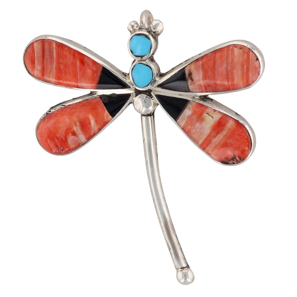 Lot 245: Angus Ahiyite Zuni Sterling Multi-Stone Inlay Dragonfly Pendant/Brooch