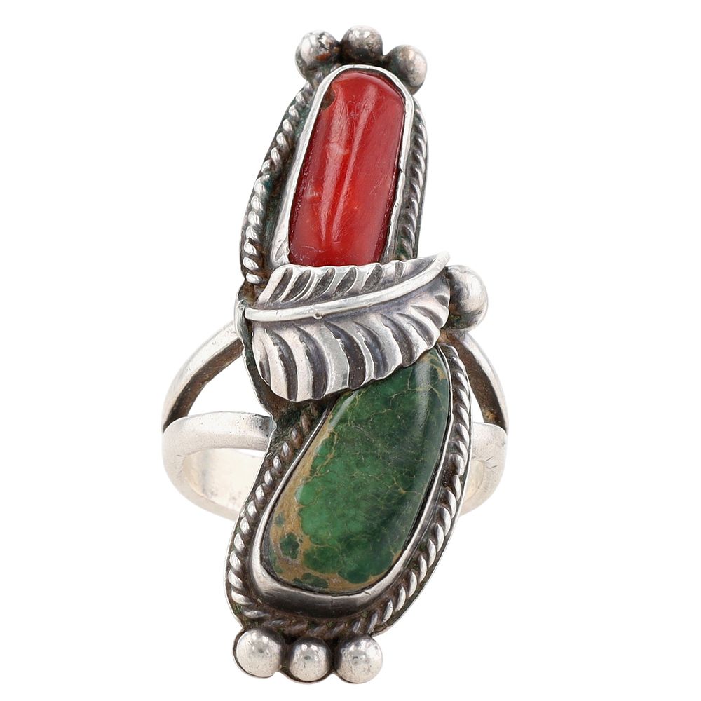 Lot 248: Vintage Navajo Sterling Turquoise Coral Ring Sz 9