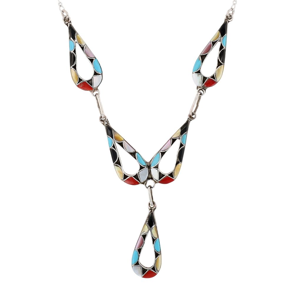 Lot 250: Emma Bowekaty Zuni Sterling Multi-Stone Inlay Necklace