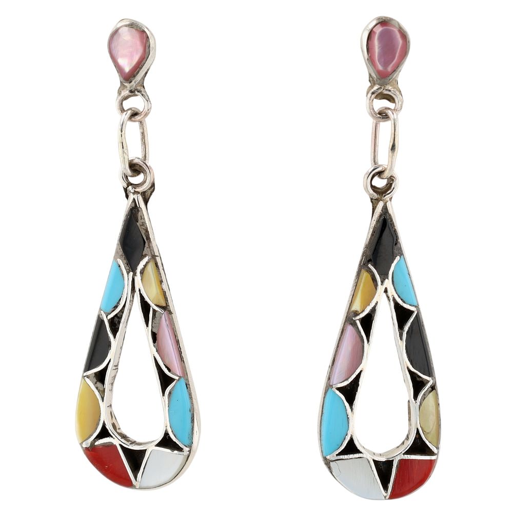 Lot 251: Emma Bowekaty Zuni Sterling Multi-Stone Inlay Earrings