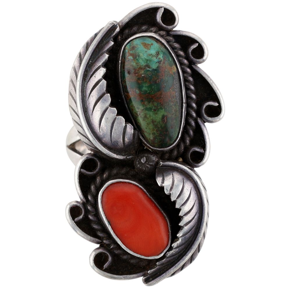 Lot 253: Vintage Navajo Sterling Turquoise Coral Ring Sz 8