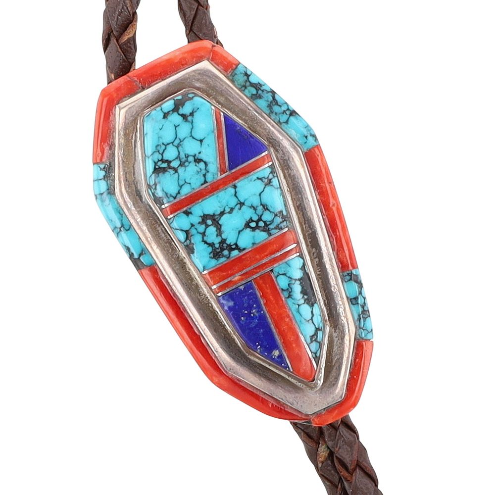 Lot 256: Signed Navajo Sterling Multi-Stone Inlay Bolo Tie
