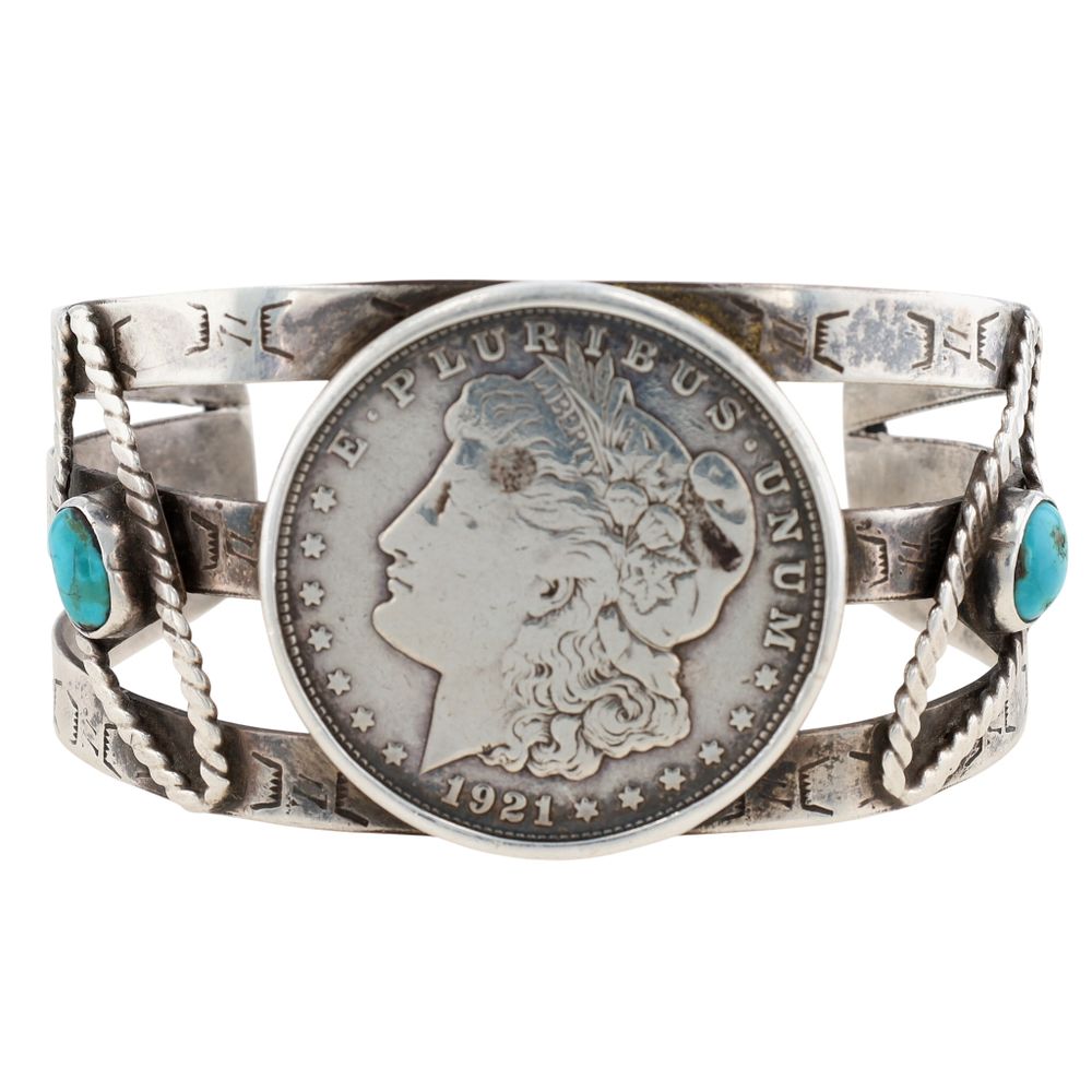 Lot 257: Vintage Navajo Sterling Turquoise 1921 Morgan Dollar Coin Cuff Bracelet