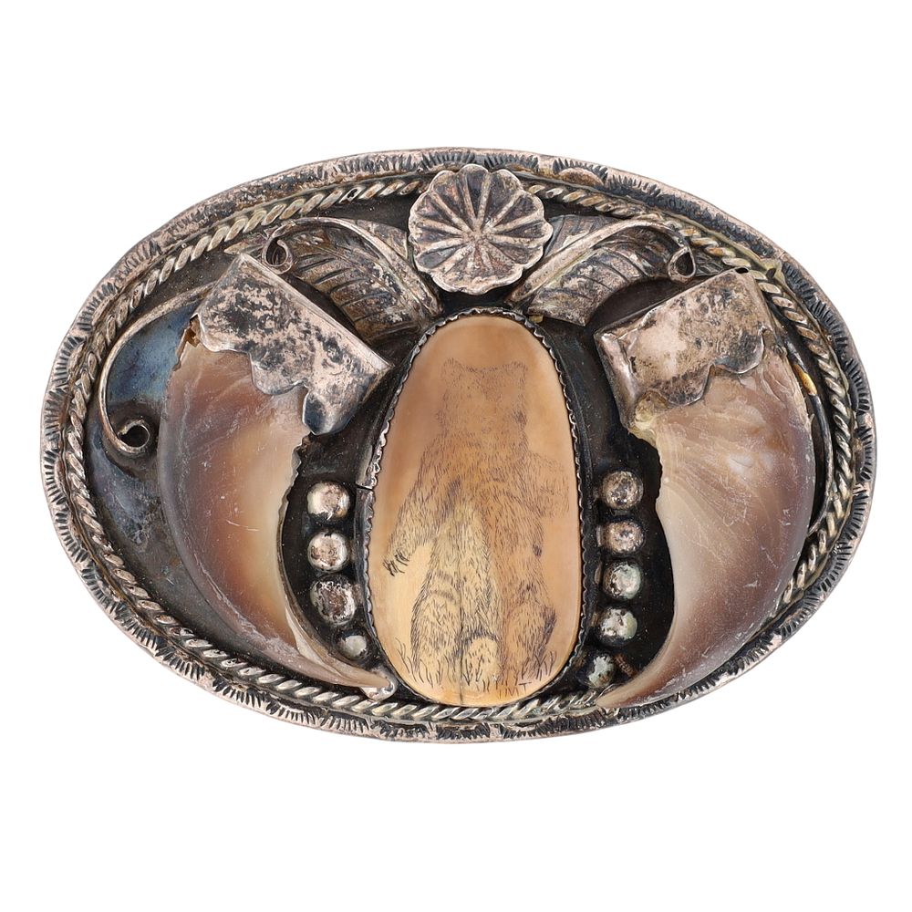 Lot 266: Vintage Navajo Sterling Bear Claw Scrimshaw Belt Buckle