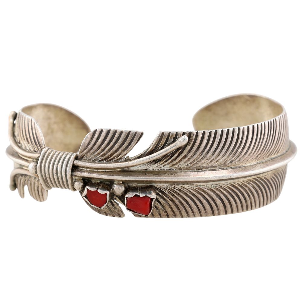 Lot 267: Signed Navajo Sterling Coral Feather Cuff Bracelet