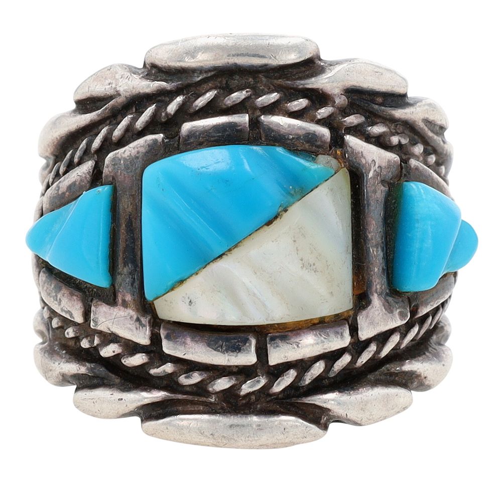 Lot 270: Vintage Navajo Sterling Turquoise Mother of Pearl Carved Ring Sz 10.5
