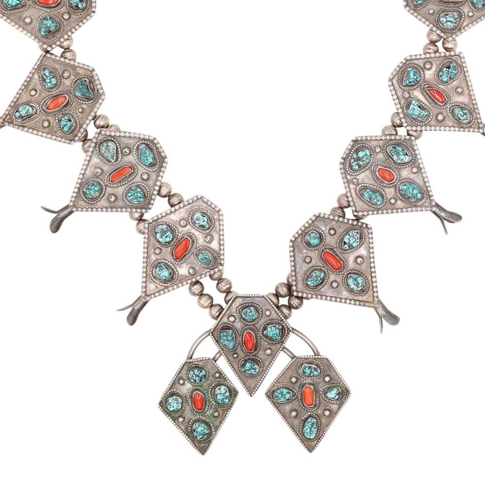 Lot 271: Huge Vintage Navajo Sterling Turquoise Coral Squash Blossom Necklace