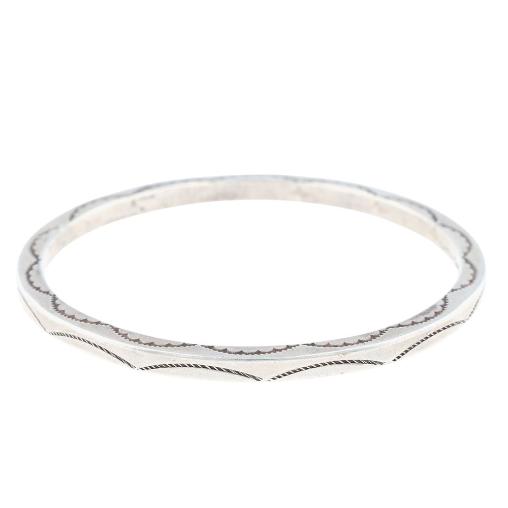 Lot 272: Verna Tahe Navajo Sterling Heavy Gauge Stamped Bangle Bracelet