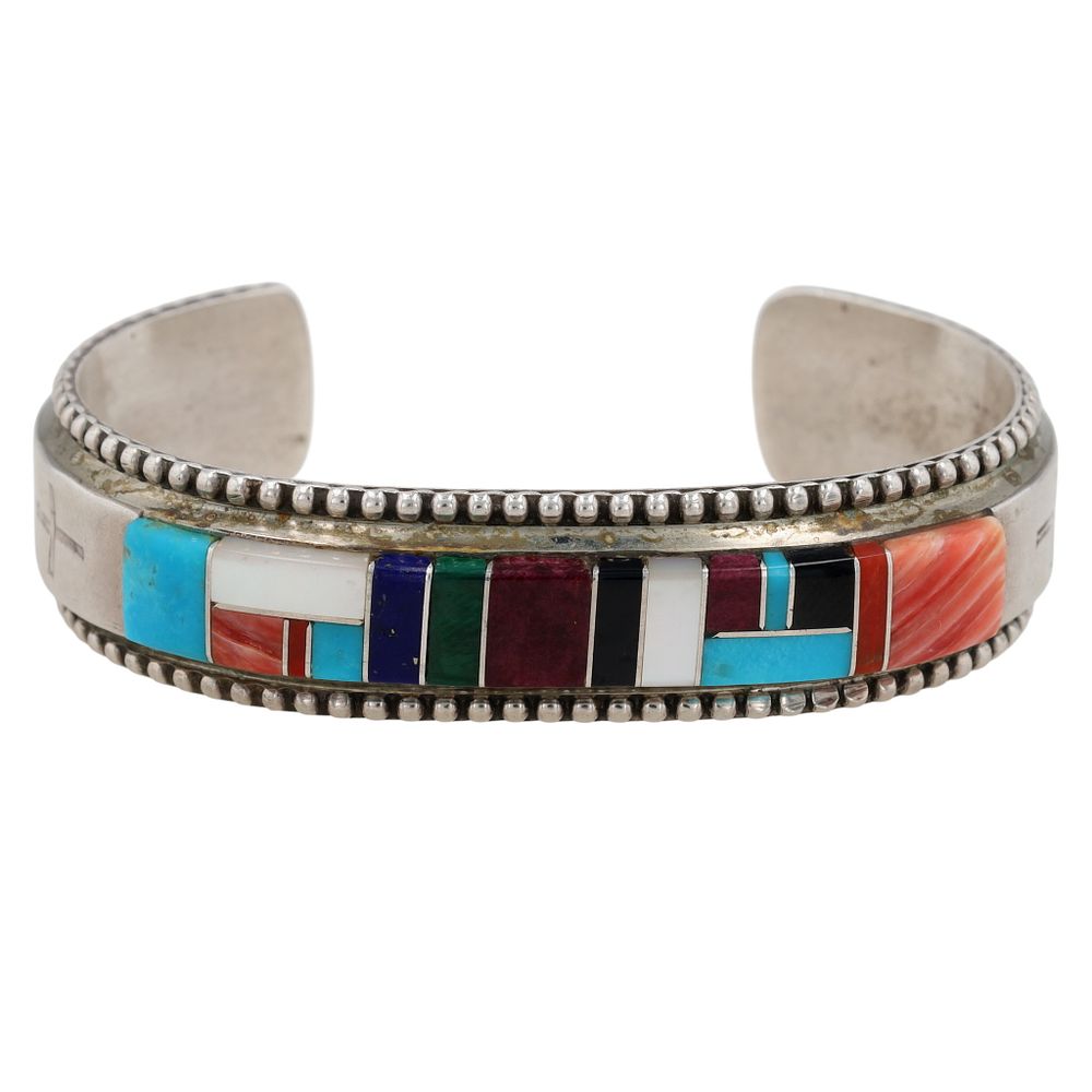 Lot 277: Signed Navajo Sterling Multi-Stone Inlay Cuff Bracelet