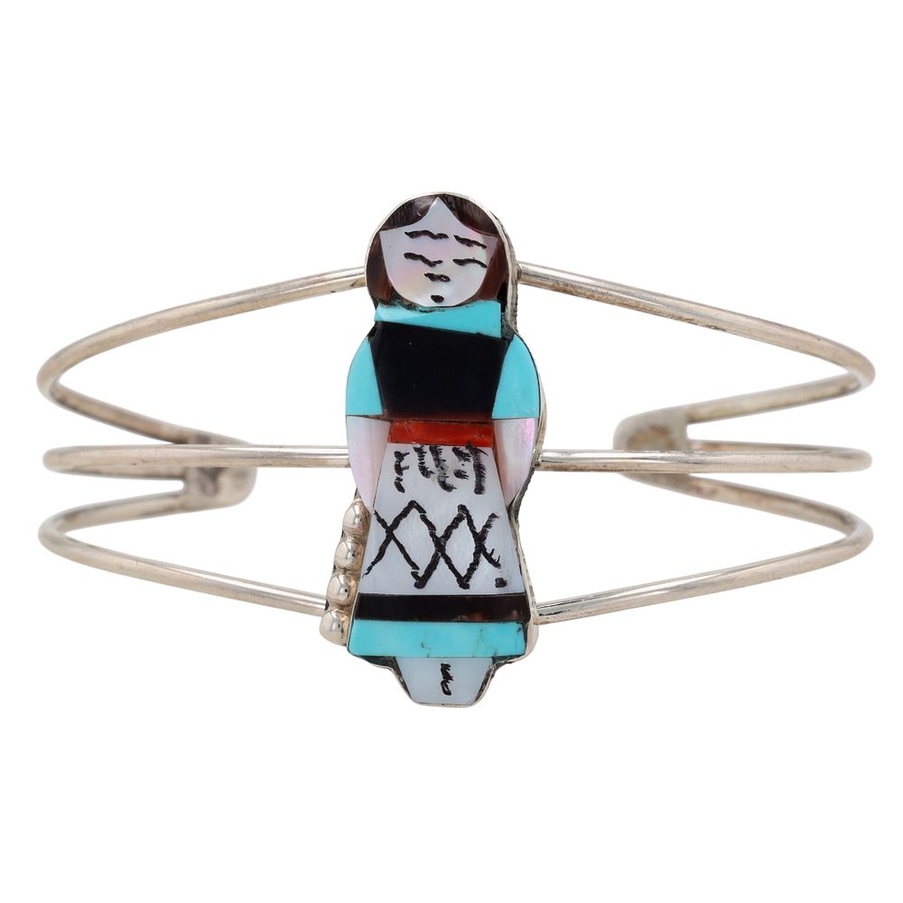 Lot 288: Joyce Waseta Zuni Sterling Multi-Stone Inlay Maiden Cuff Bracelet
