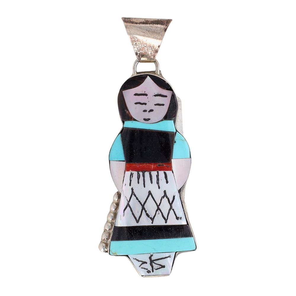 Lot 289: Joyce Waseta Zuni Sterling Multi-Stone Inlay Maiden Pendant