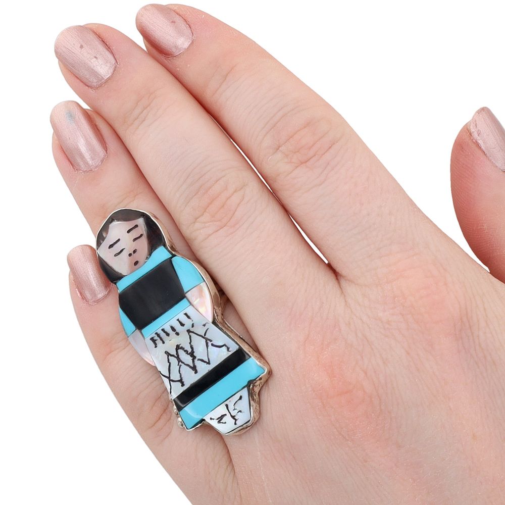 Lot 290: Joyce Waseta Zuni Sterling Multi-Stone Inlay Maiden Ring Sz 6