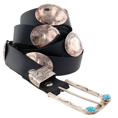 Signed Navajo Sterling Turquoise Stamped Concho Belt. Signed 'NAS' Navajo Sterling Turquoise 