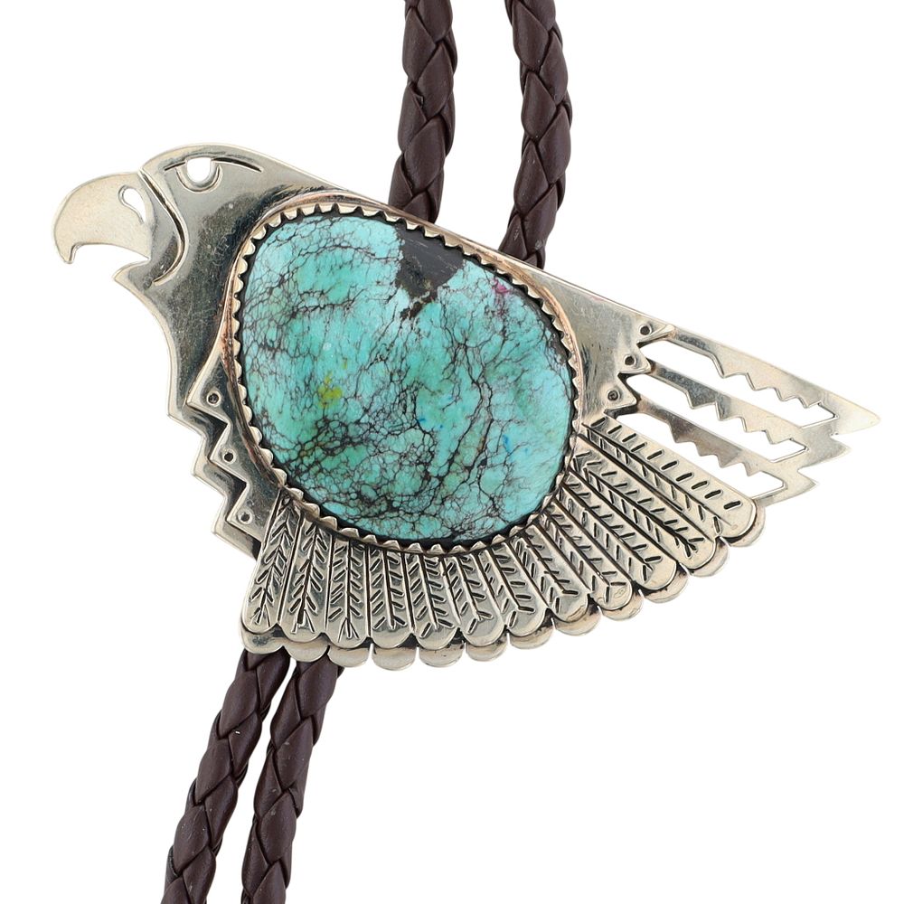 Lot 292: Armand American Horse Lakota Tribe Nickel Silver Turquoise Eagle Bolo Tie