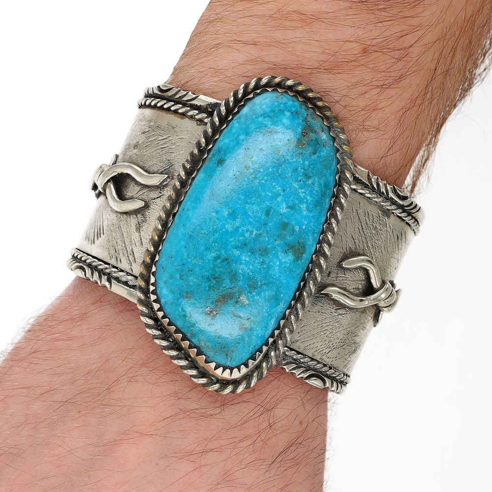 Lot 293: Huge Armand American Horse Lakota Tribe Nickel Silver Turquoise Cuff Bracelet