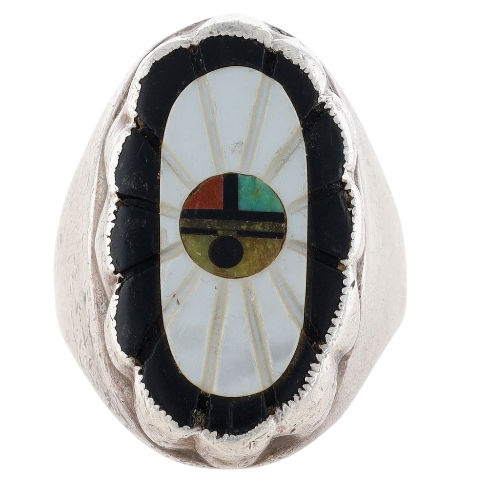 Lot 294: Vintage Zuni Sterling Multi-Stone Inlay Carved Sunface Ring Sz 11.5