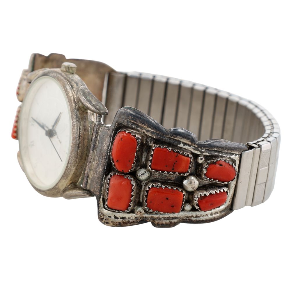 Lot 297: Vintage Navajo Sterling Coral Watch Bracelet