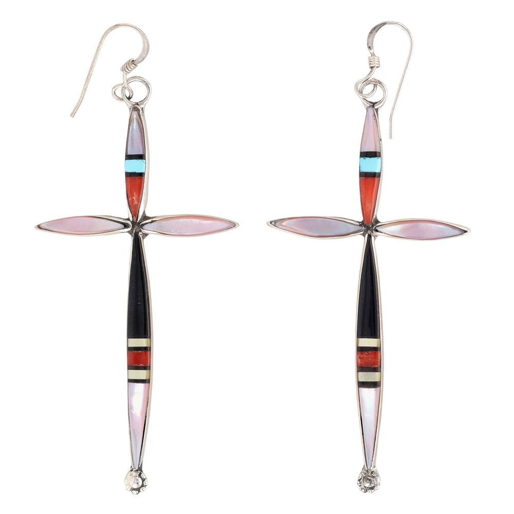 Lot 298: Lydia Bowekaty Zuni Sterling Multi-Stone Inlay Cross Earrings
