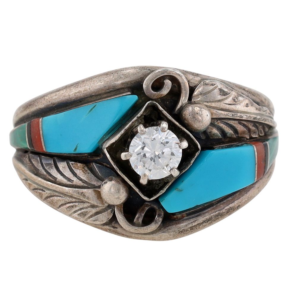 Lot 300: Wilber Yazzie Navajo Sterling Multi-Stone Inlay Ring Sz 13