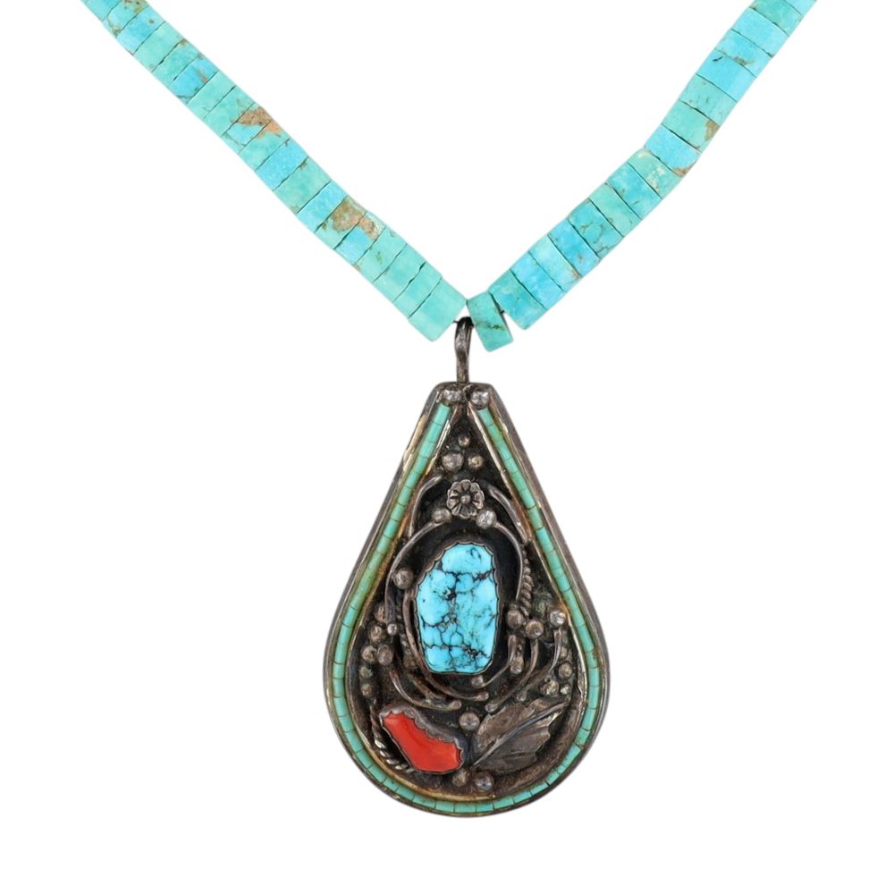 Lot 301: Vintage Signed Navajo Sterling Turquoise Coral Necklace