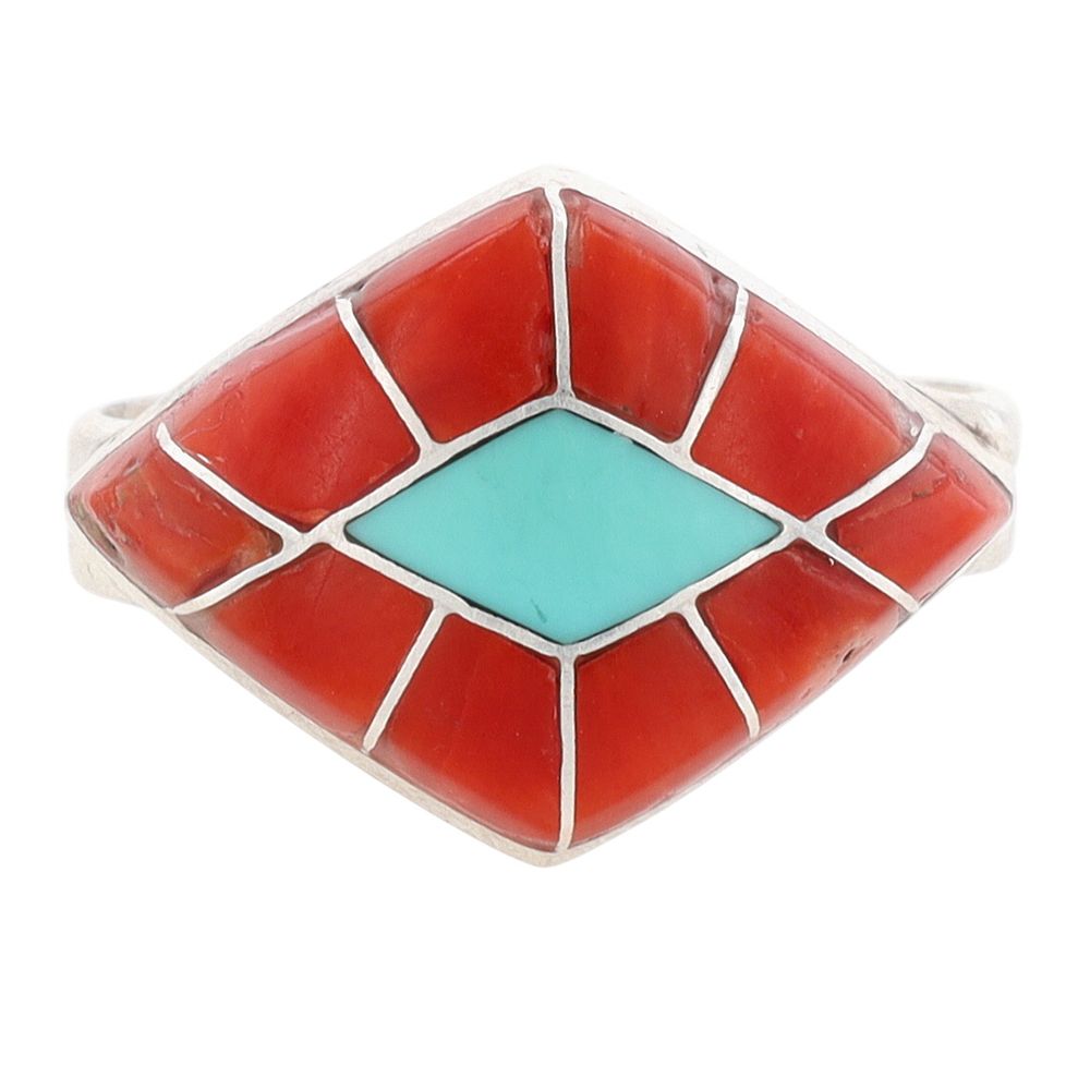 Lot 304: Connie Epaloose Zuni Sterling Coral Turquoise Inlay Ring Sz 8
