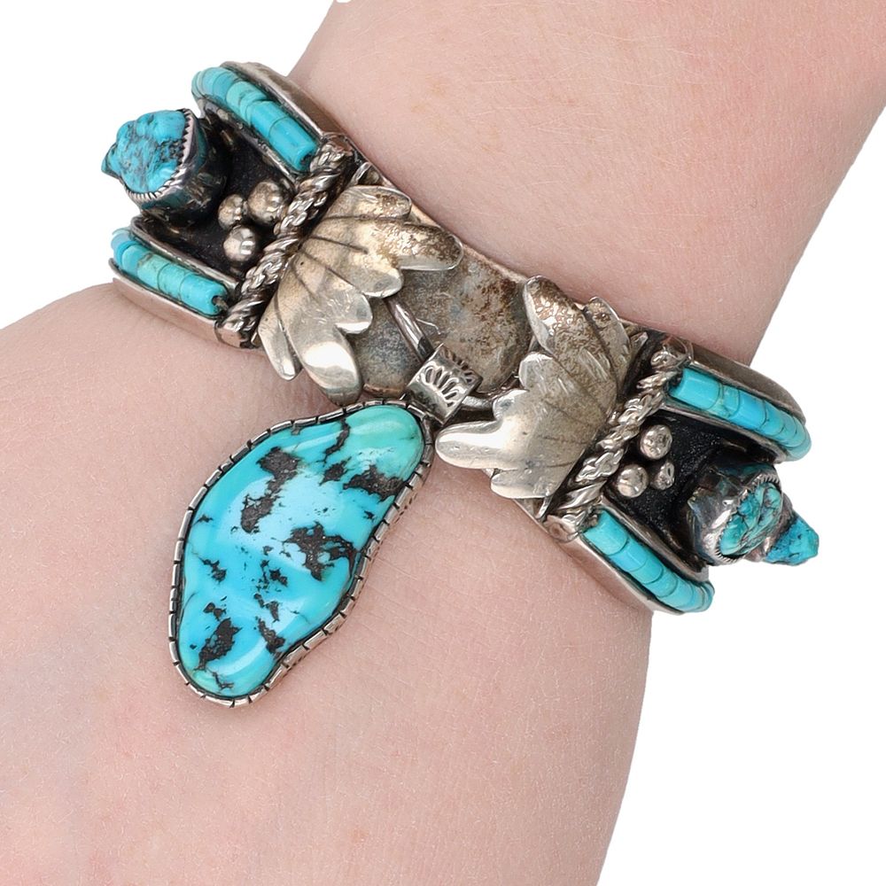 Lot 307: Les Baker Shop Sterling Turquoise Dangle Cuff Bracelet