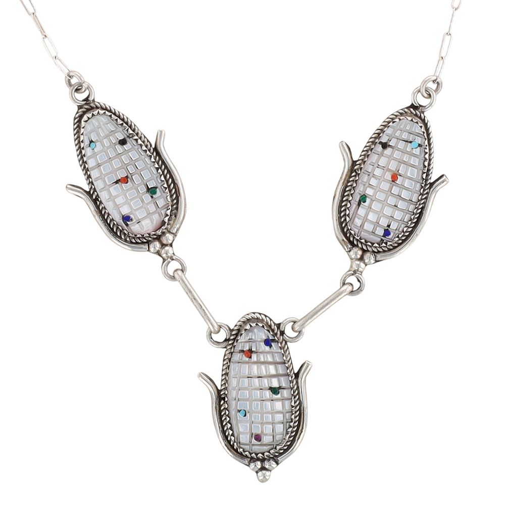 Lot 311: Tracy Bowekaty Zuni Sterling Mother of Pearl Carved Corn Necklace