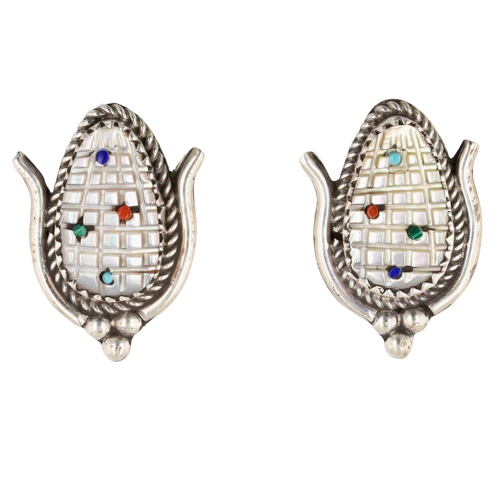 Lot 312: Tracy Bowekaty Zuni Sterling Mother of Pearl Carved Corn Earrings